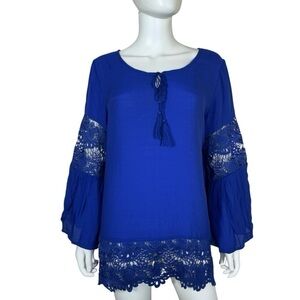 Vantarsi Royal Blue Boho Bell Sleeve Crochet Lace Blouse
